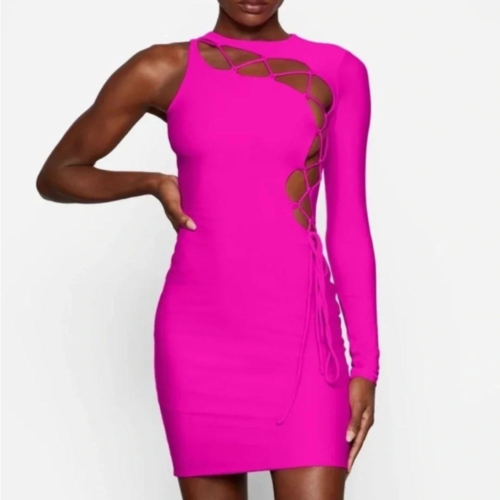 Skims fuchsia hot pink lace up one arm bodycon mini dress